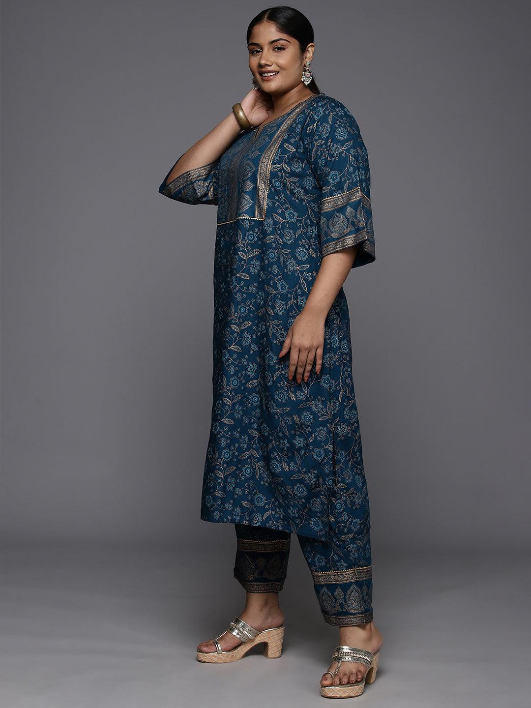 Plus Size Blue Yoke Design Rayon A-Line Kurta With Trousers & Dupatta - Libas