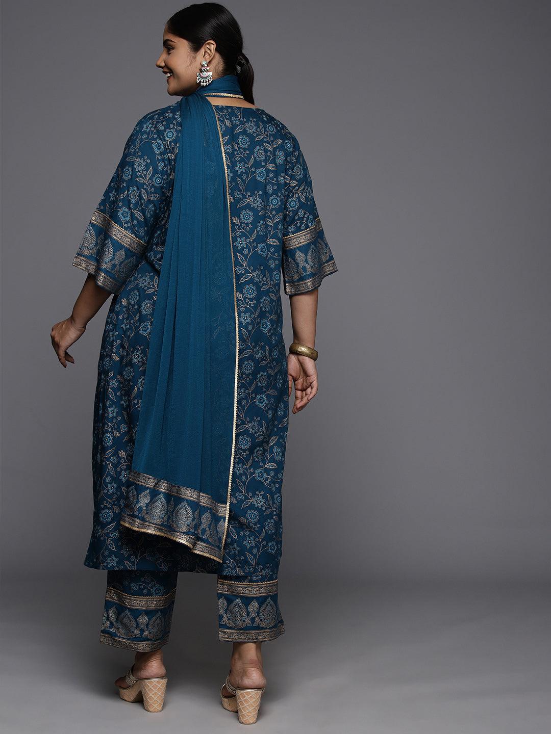 Plus Size Blue Yoke Design Rayon A-Line Kurta With Trousers & Dupatta - Libas