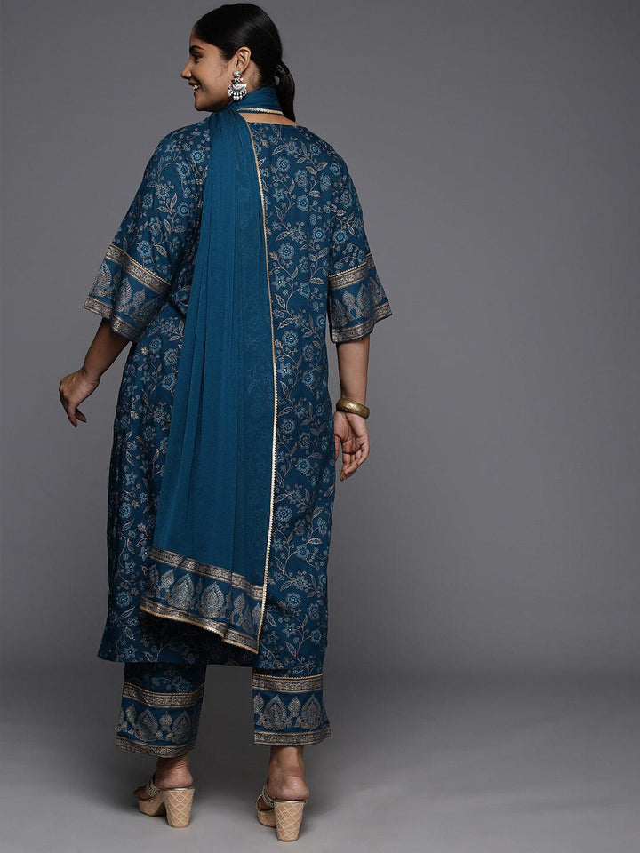 Plus Size Blue Yoke Design Rayon A-Line Kurta With Trousers & Dupatta - Libas