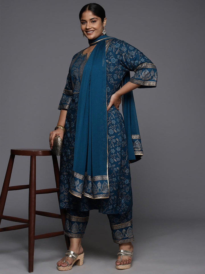 Plus Size Blue Yoke Design Rayon A-Line Kurta With Trousers & Dupatta - Libas