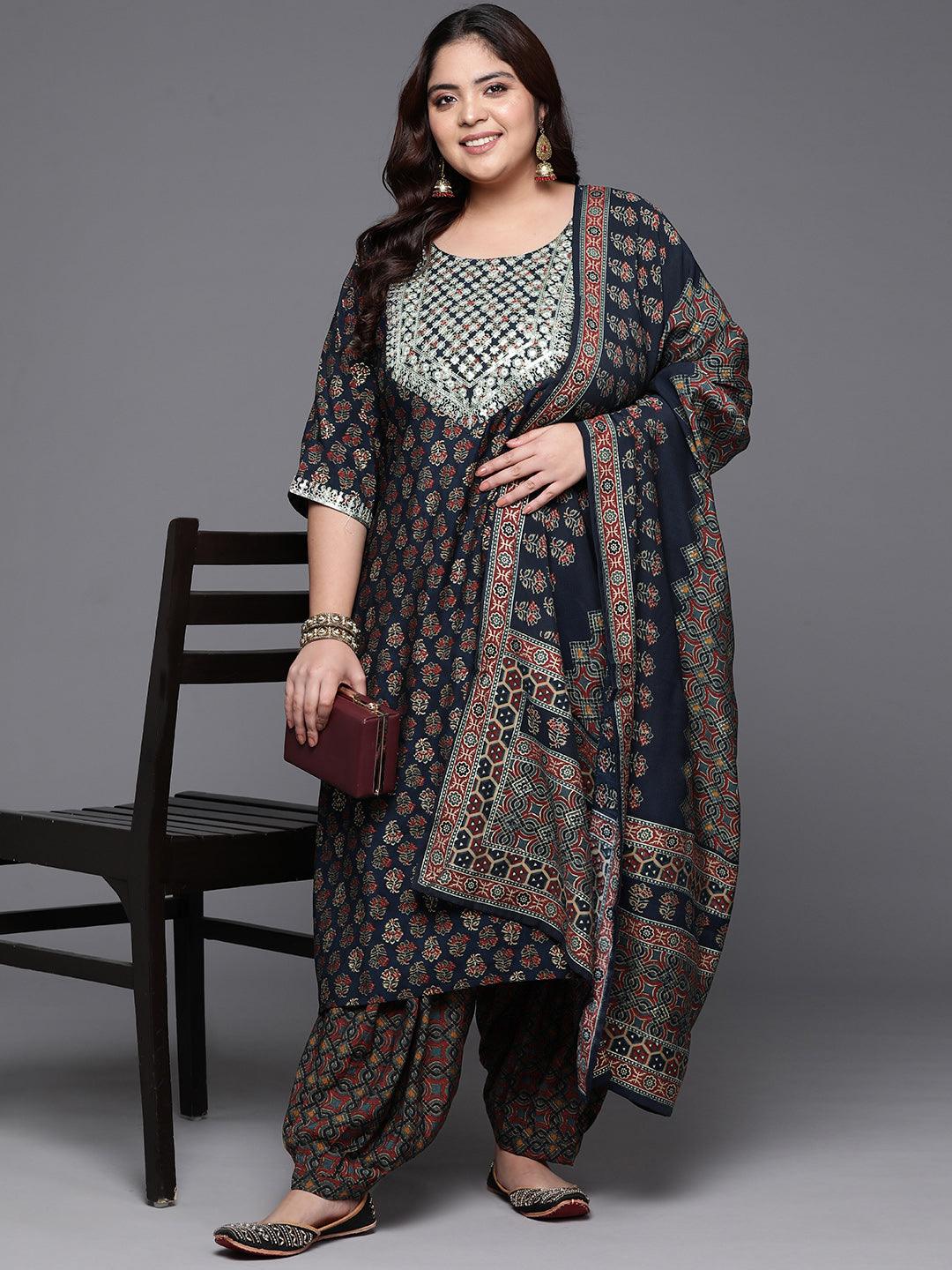 Plus Size Blue Yoke Design Silk Blend Straight Kurta With Salwar & Dupatta - Libas