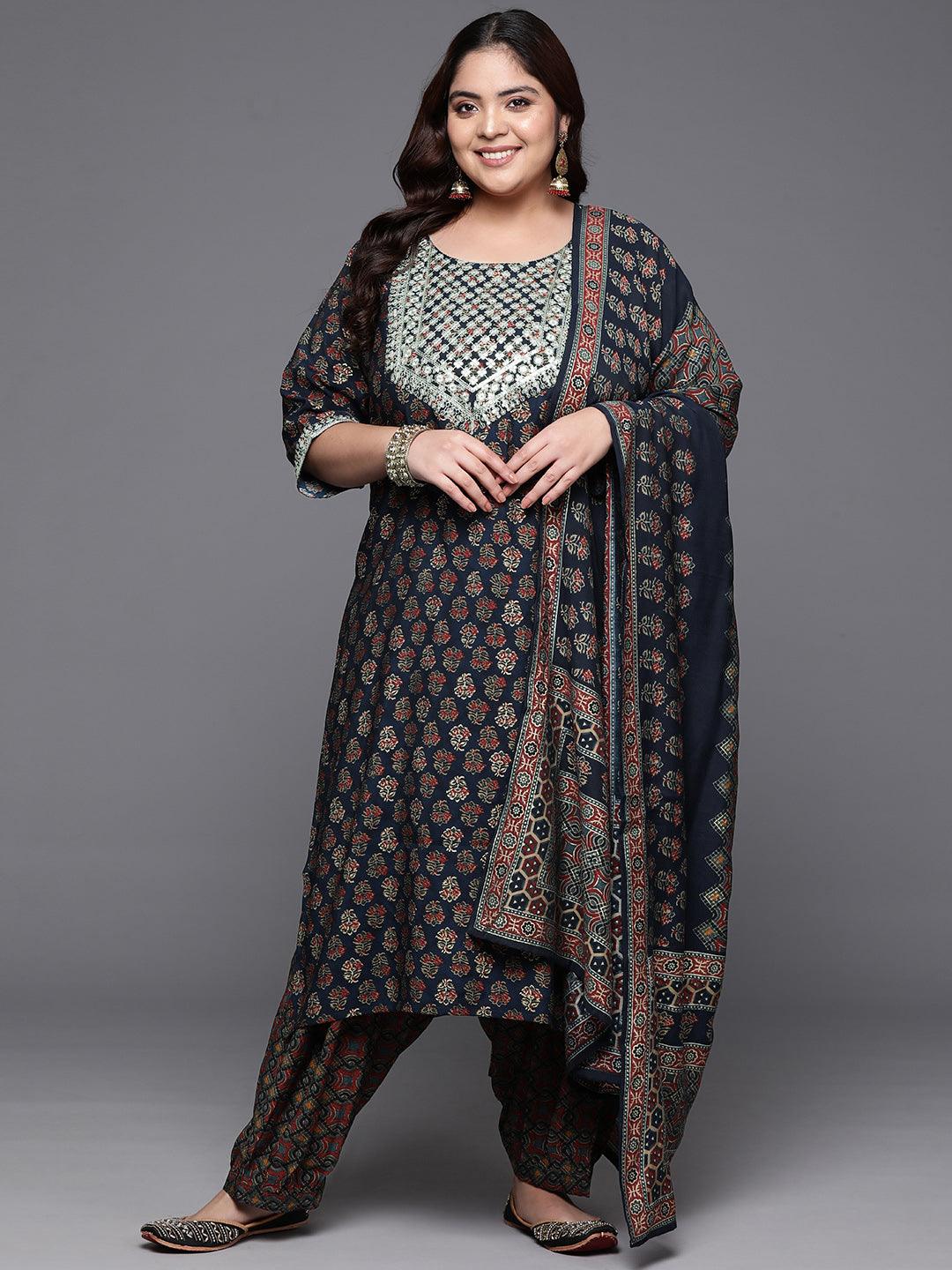 Plus Size Blue Yoke Design Silk Blend Straight Kurta With Salwar & Dupatta - Libas