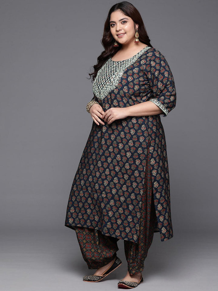 Plus Size Blue Yoke Design Silk Blend Straight Kurta With Salwar & Dupatta - Libas