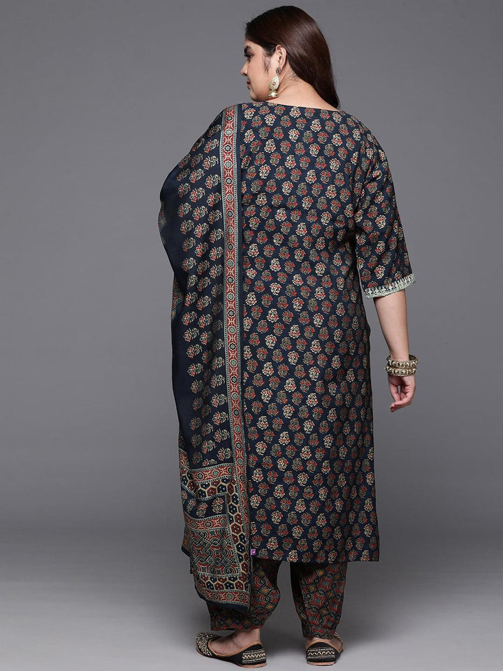 Plus Size Blue Yoke Design Silk Blend Straight Kurta With Salwar & Dupatta - Libas