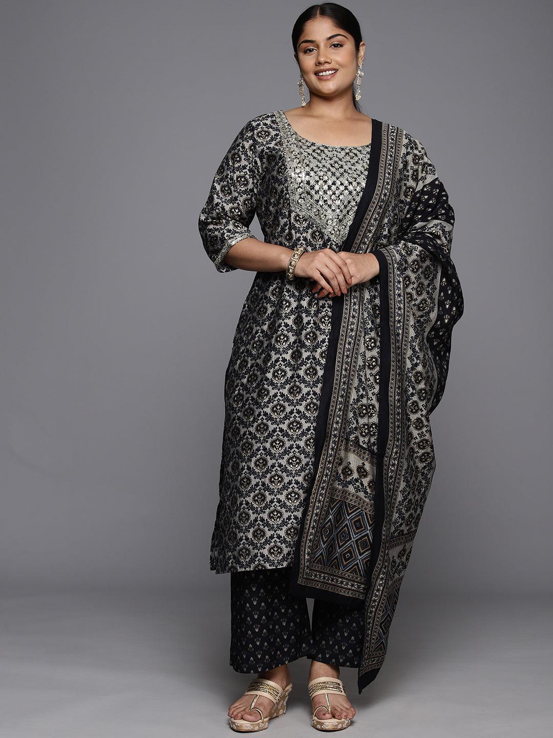 Plus Size Blue Yoke Design Silk Blend Straight Kurta With Trousers & Dupatta - Libas