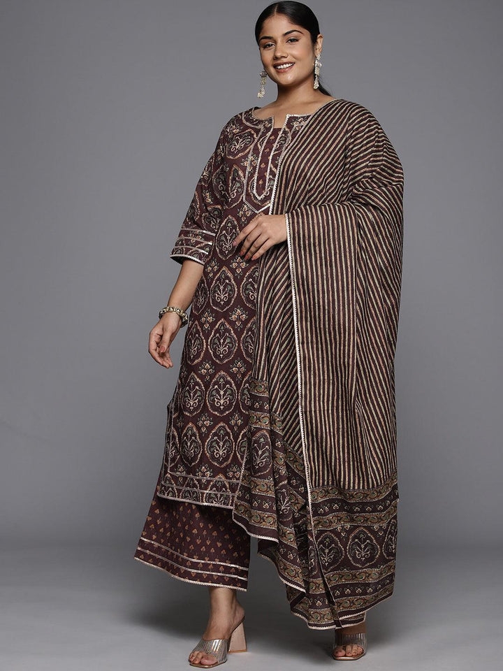 Plus Size Brown Printed Cotton Straight Kurta With Palazzos & Dupatta - Libas