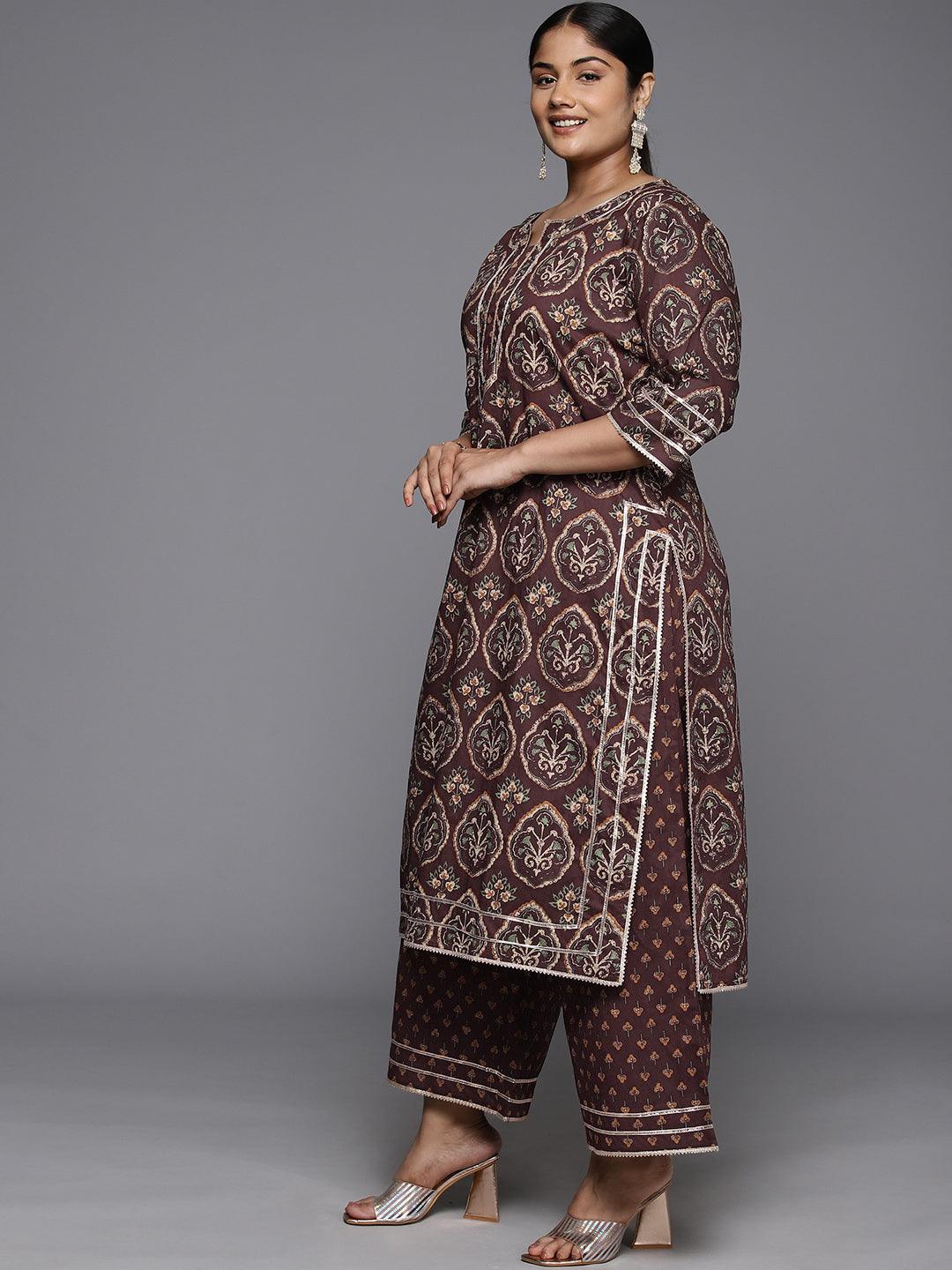 Plus Size Brown Printed Cotton Straight Kurta With Palazzos & Dupatta - Libas