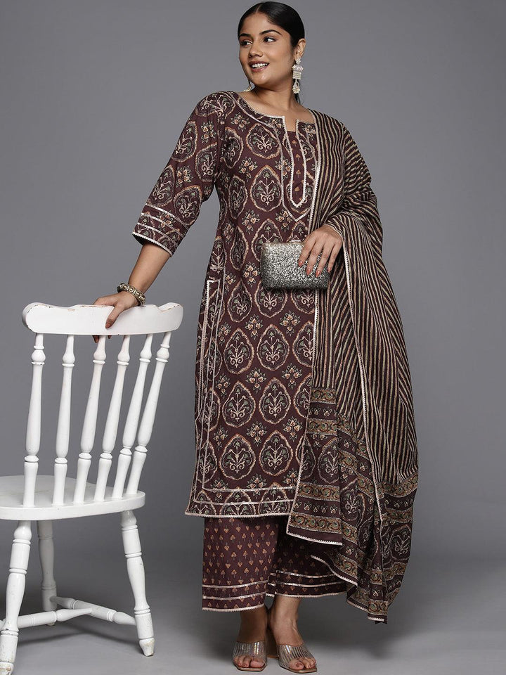 Plus Size Brown Printed Cotton Straight Kurta With Palazzos & Dupatta - Libas