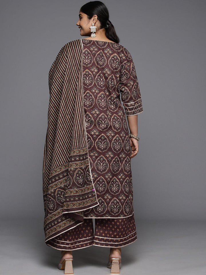 Plus Size Brown Printed Cotton Straight Kurta With Palazzos & Dupatta - Libas