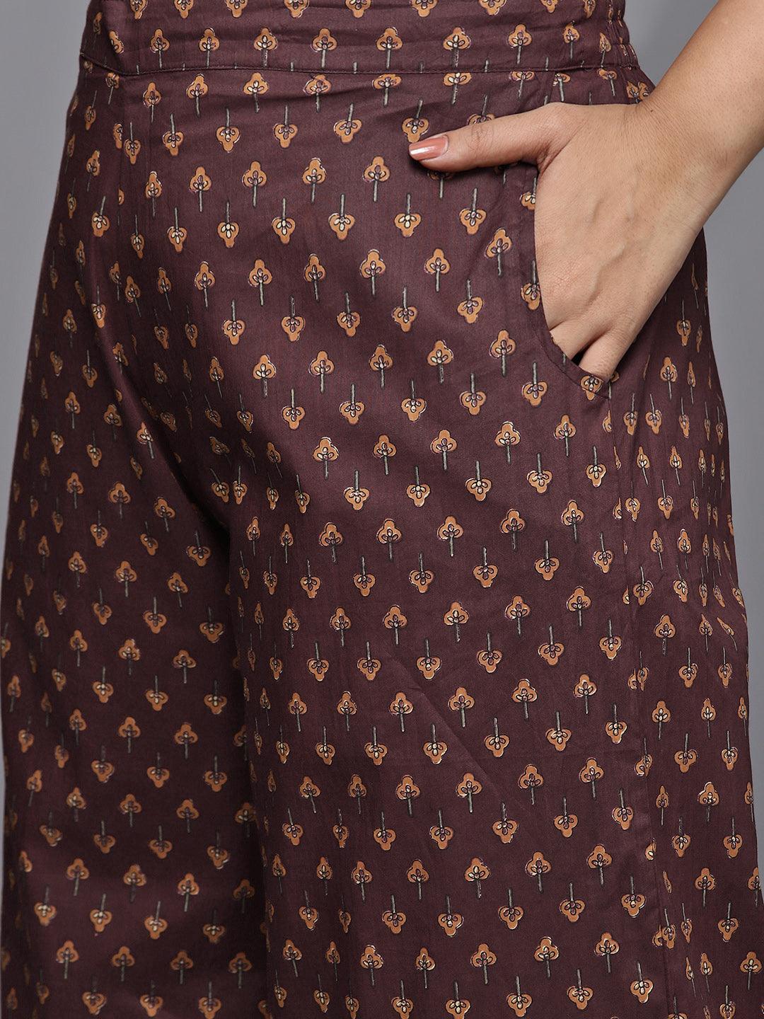 Plus Size Brown Printed Cotton Straight Kurta With Palazzos & Dupatta - Libas