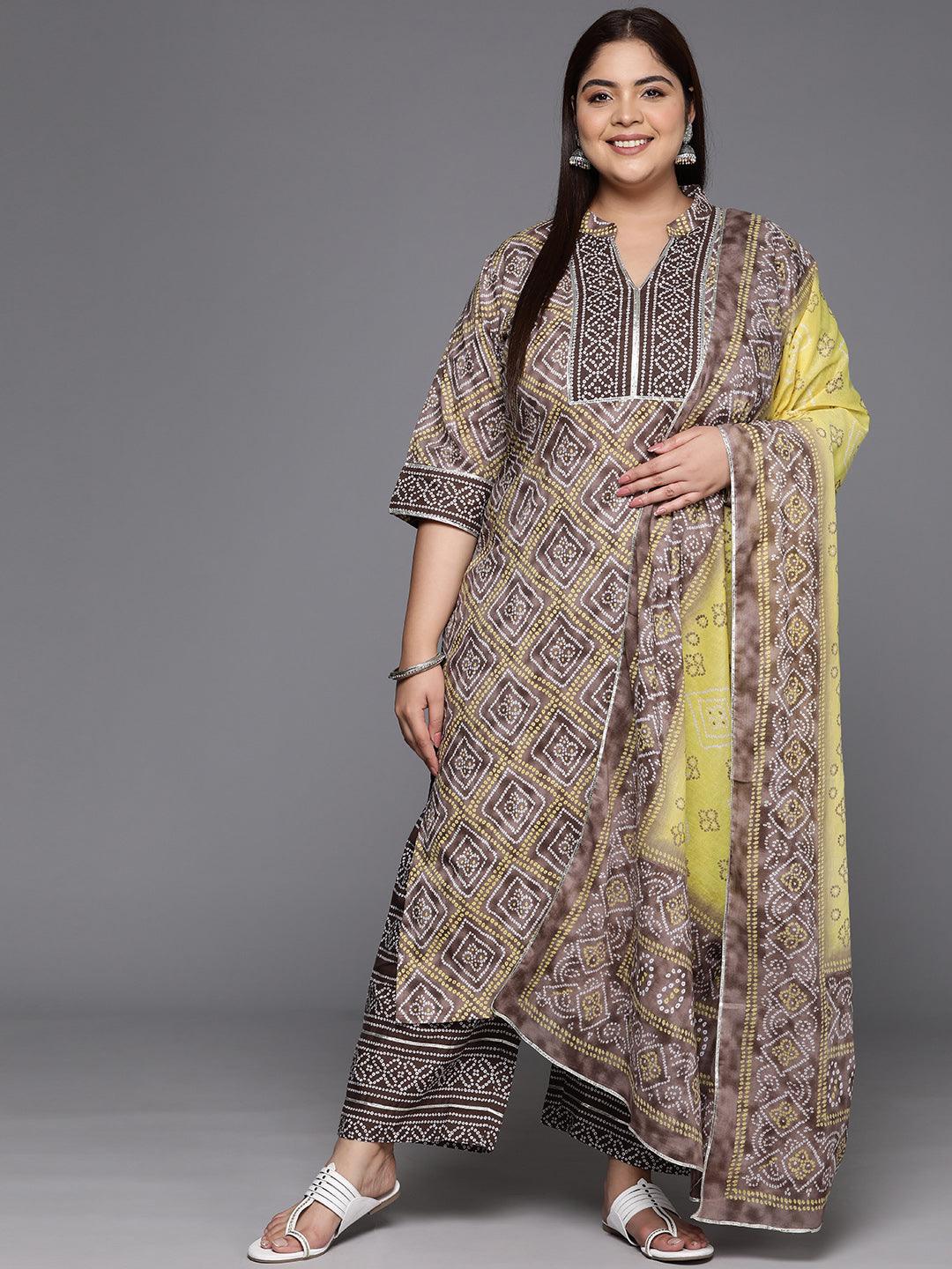 Plus Size Brown Printed Cotton Straight Kurta With Trousers & Dupatta - Libas