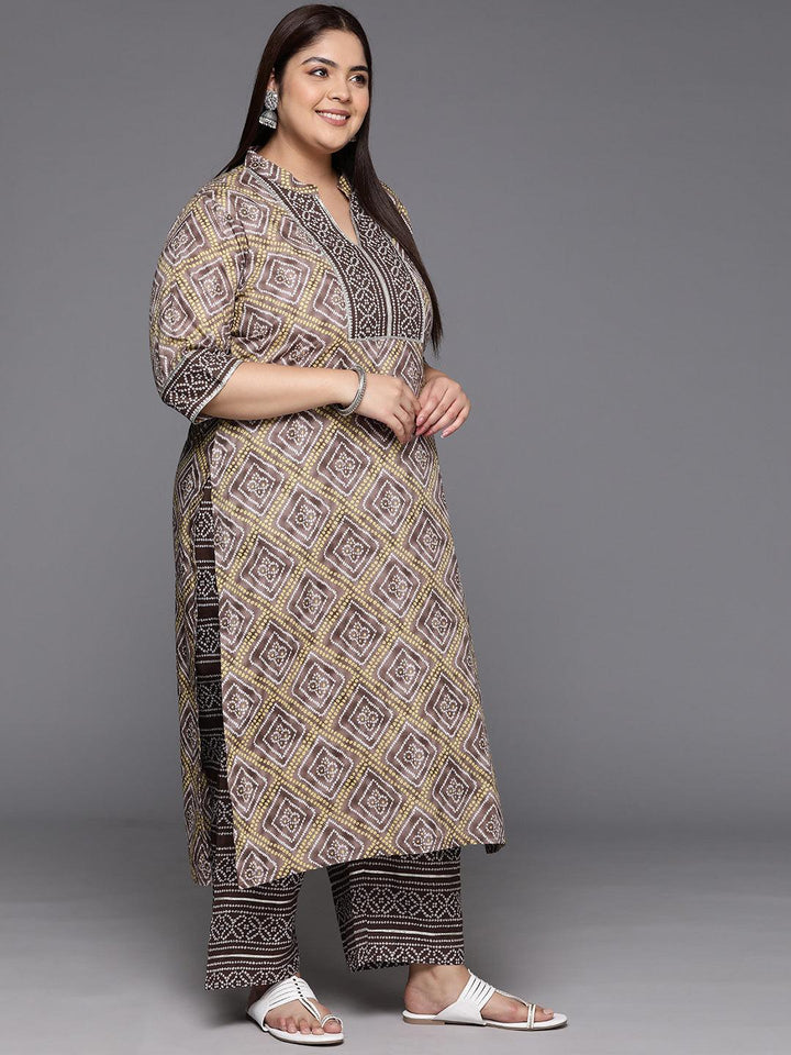 Plus Size Brown Printed Cotton Straight Kurta With Trousers & Dupatta - Libas