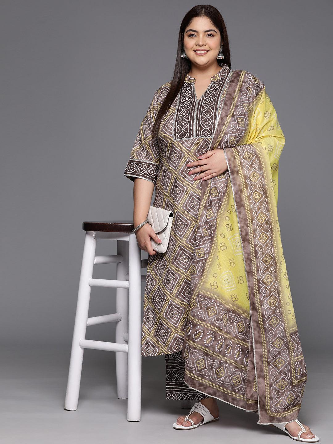 Plus Size Brown Printed Cotton Straight Kurta With Trousers & Dupatta - Libas