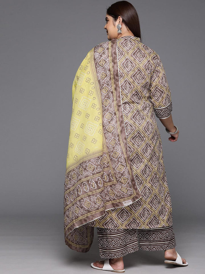 Plus Size Brown Printed Cotton Straight Kurta With Trousers & Dupatta - Libas