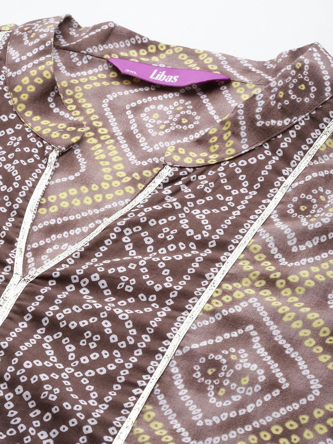 Plus Size Brown Printed Cotton Straight Kurta With Trousers & Dupatta - Libas