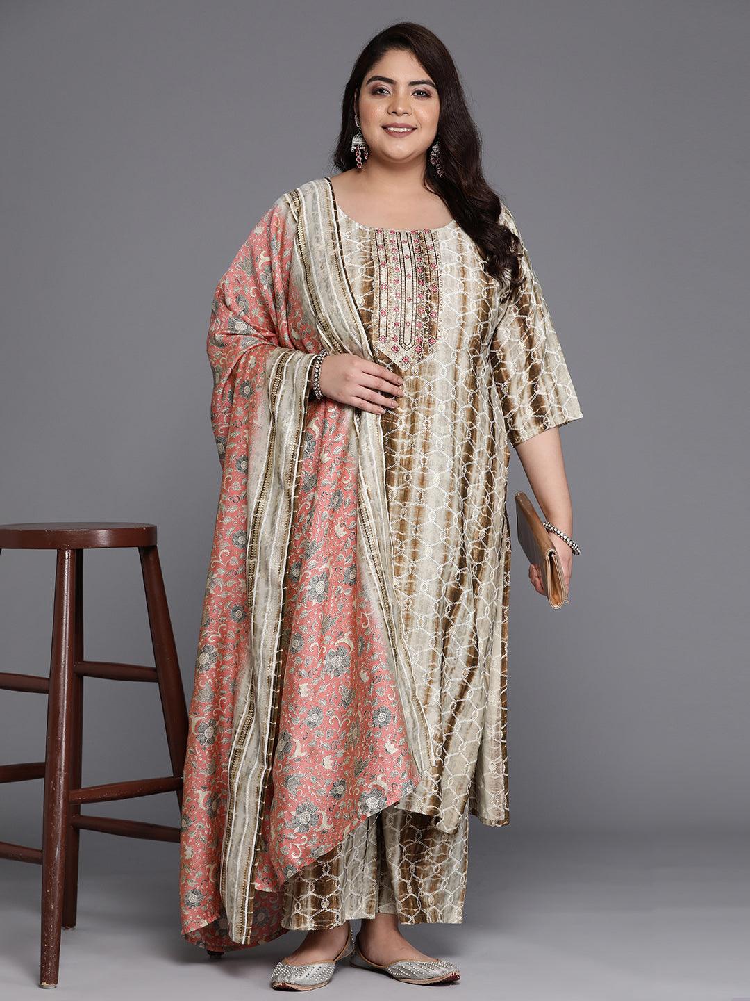 Plus Size Brown Yoke Design Silk Blend Straight Suit Set - Libas