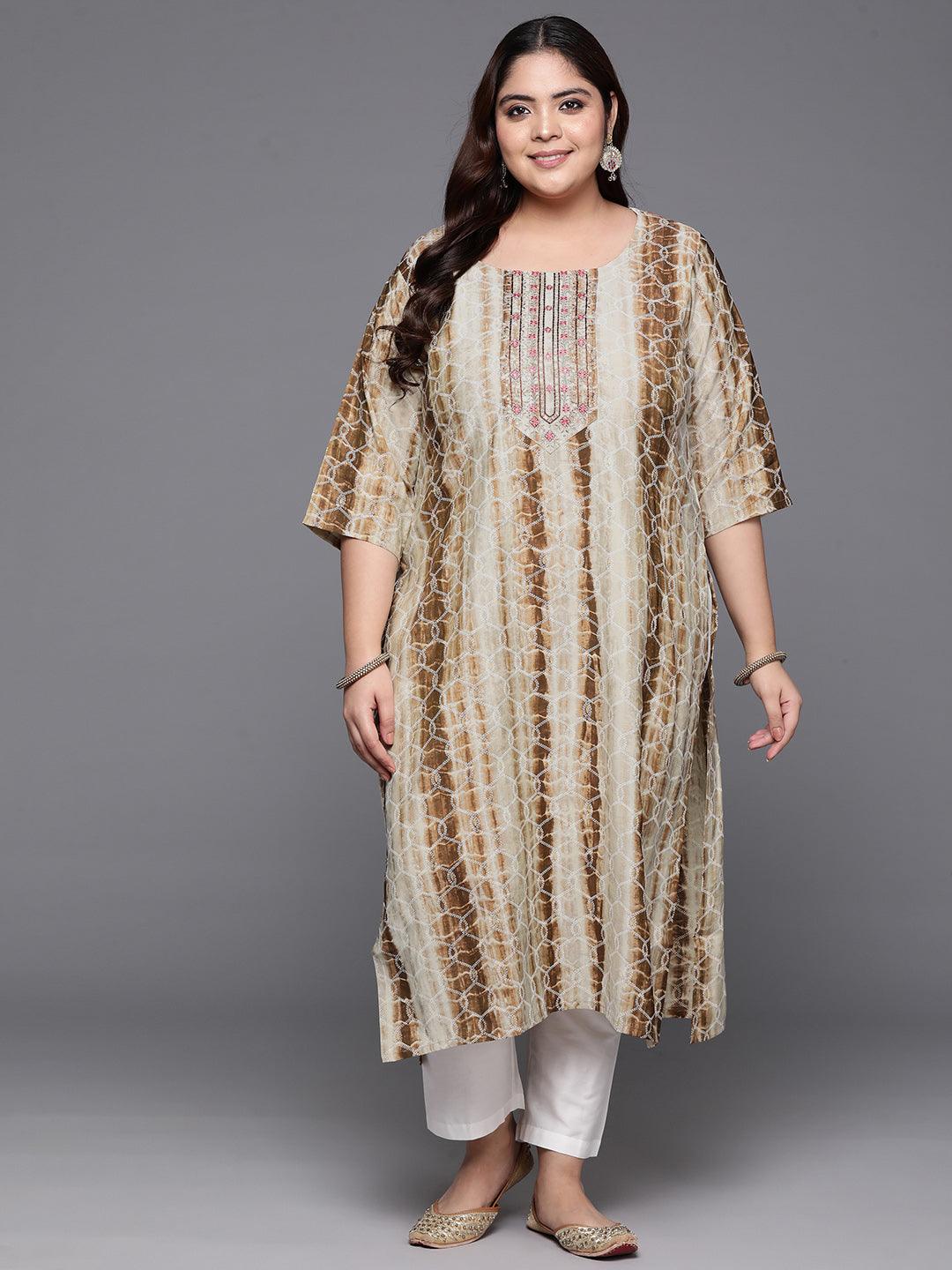 Plus Size Brown Yoke Design Straight Silk Kurta - Libas