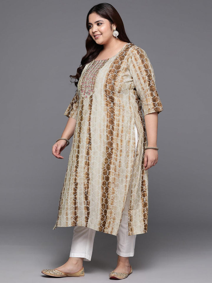 Plus Size Brown Yoke Design Straight Silk Kurta - Libas