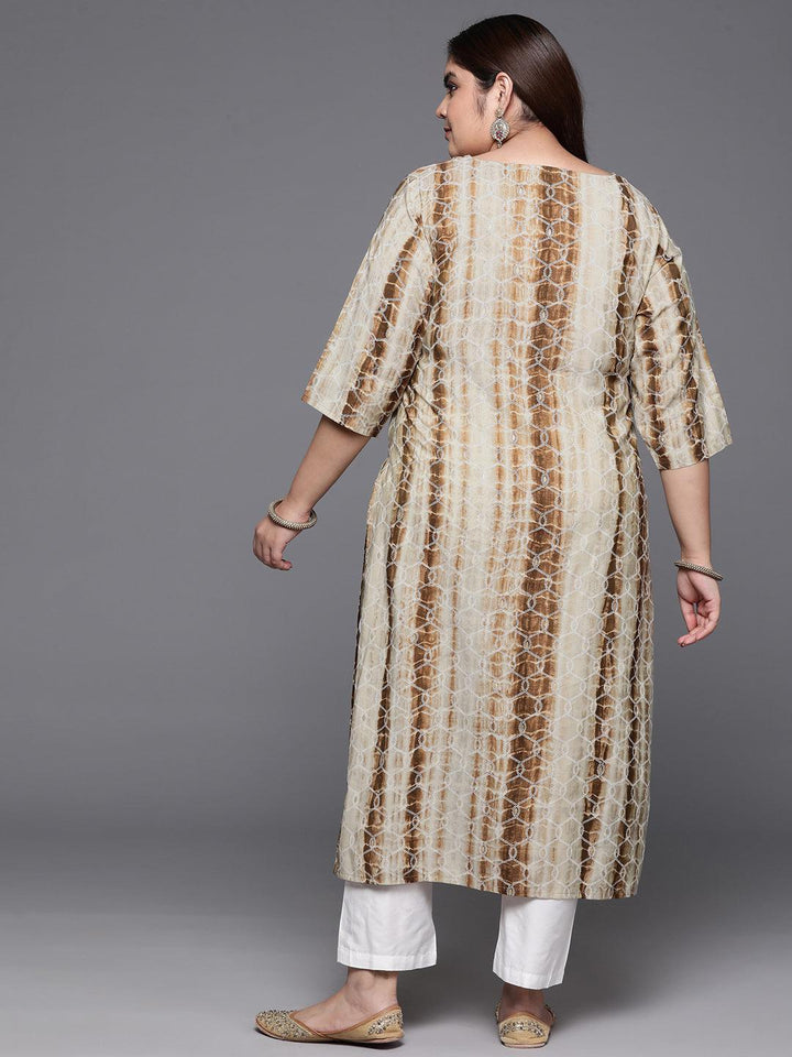 Plus Size Brown Yoke Design Straight Silk Kurta - Libas