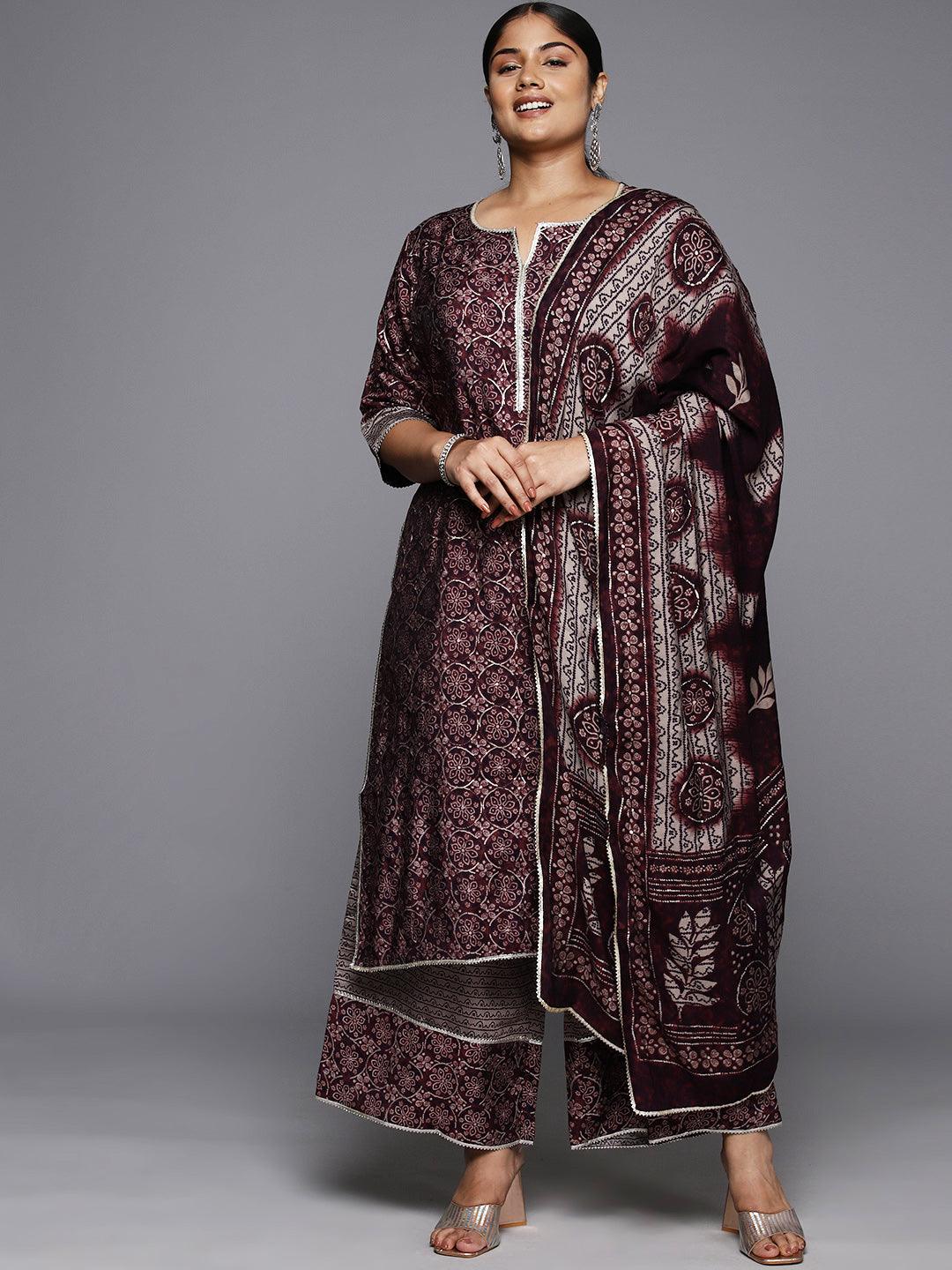 Plus Size Burgundy Printed Silk Blend Straight Kurta With Palazzos & Dupatta - Libas