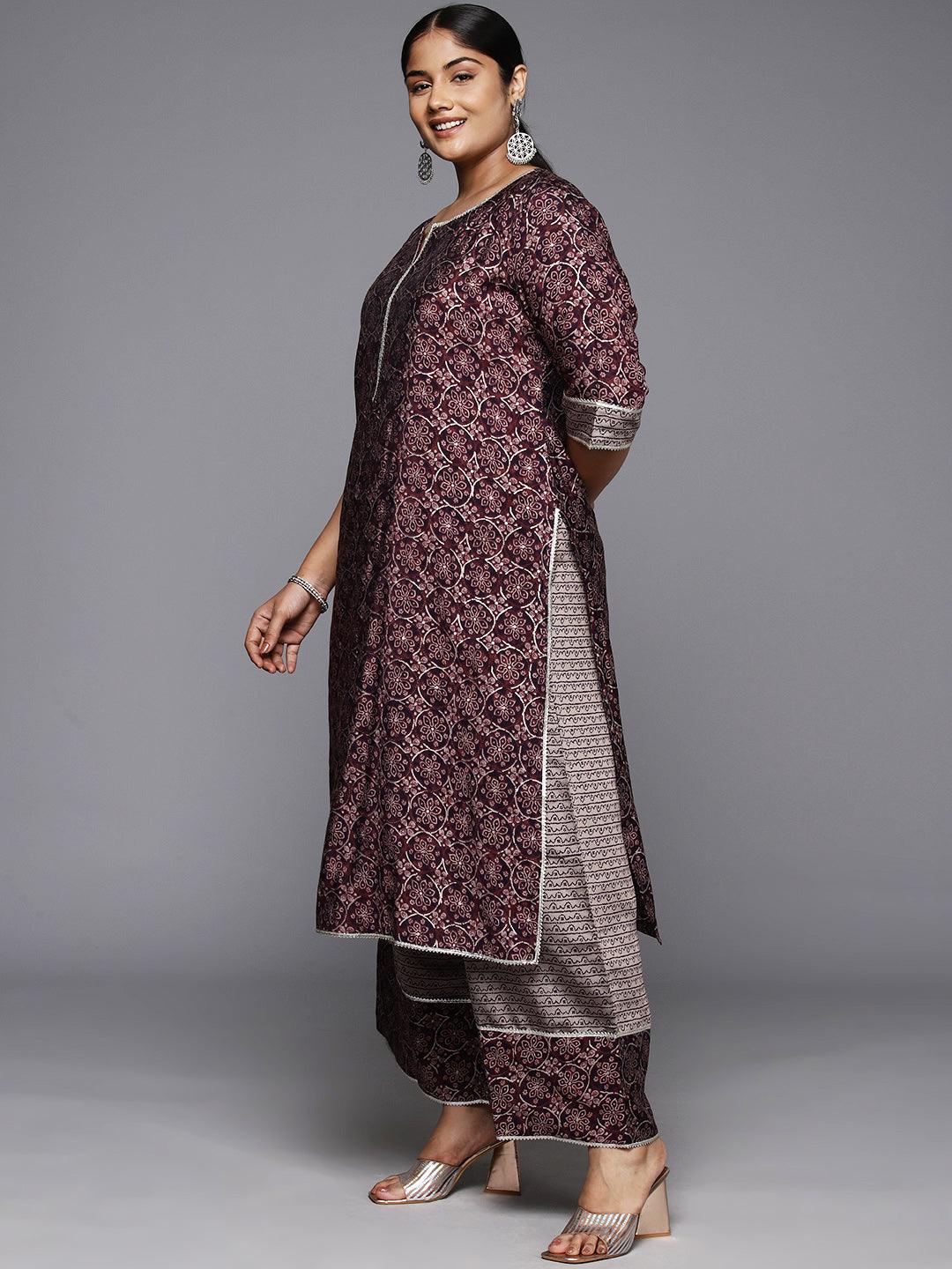 Plus Size Burgundy Printed Silk Blend Straight Kurta With Palazzos & Dupatta - Libas