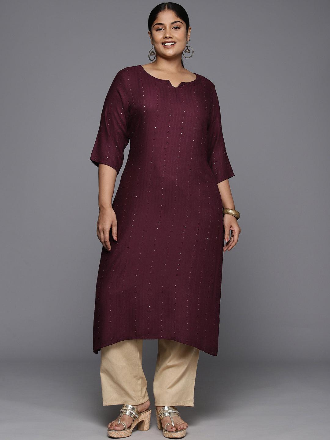 Plus Size Burgundy Rayon Embroidered Straight Kurta - Libas 