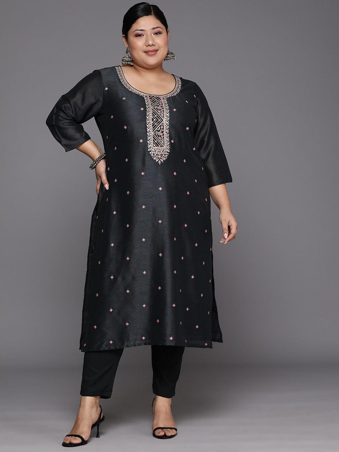 Plus Size Charcoal Embroidered Silk Straight Kurta - Libas