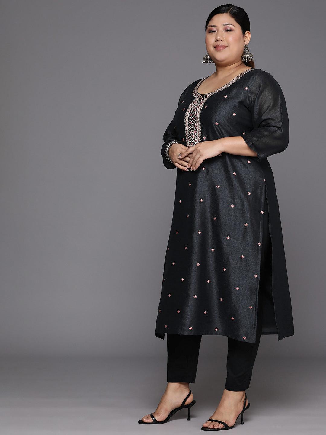 Plus Size Charcoal Embroidered Silk Straight Kurta - Libas 