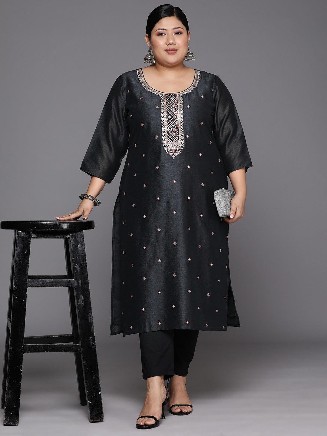 Plus Size Charcoal Embroidered Silk Straight Kurta - Libas 