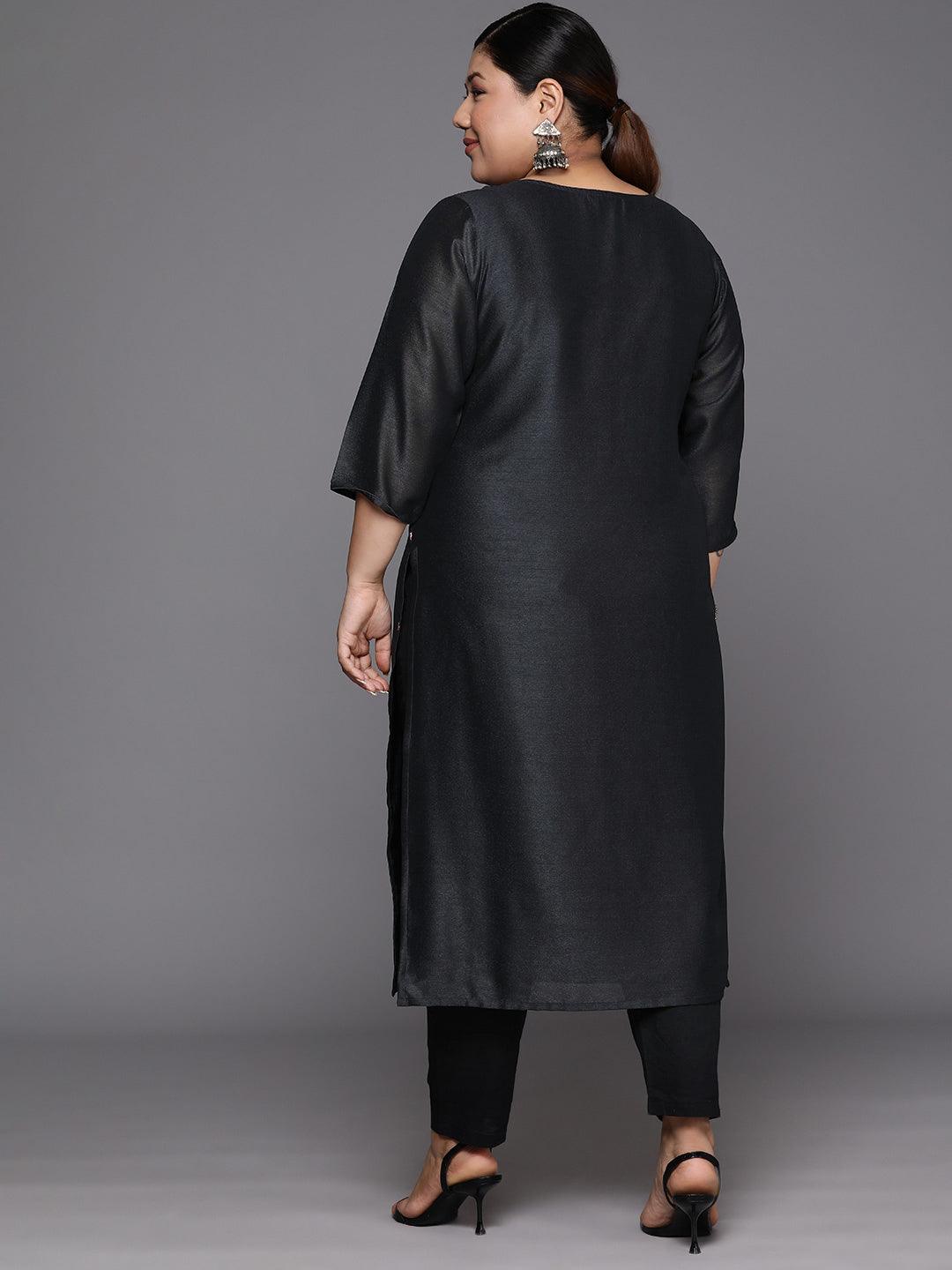 Plus Size Charcoal Embroidered Silk Straight Kurta - Libas 