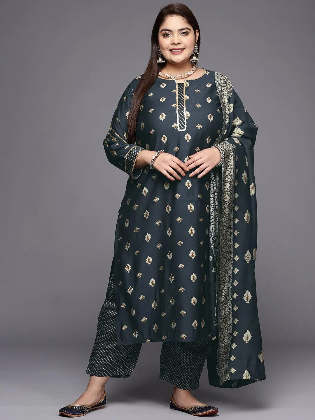 Plus Size Charcoal Printed Silk Blend Straight Suit Set - Libas 