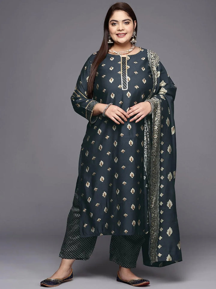 Plus Size Charcoal Printed Silk Blend Straight Suit Set - Libas