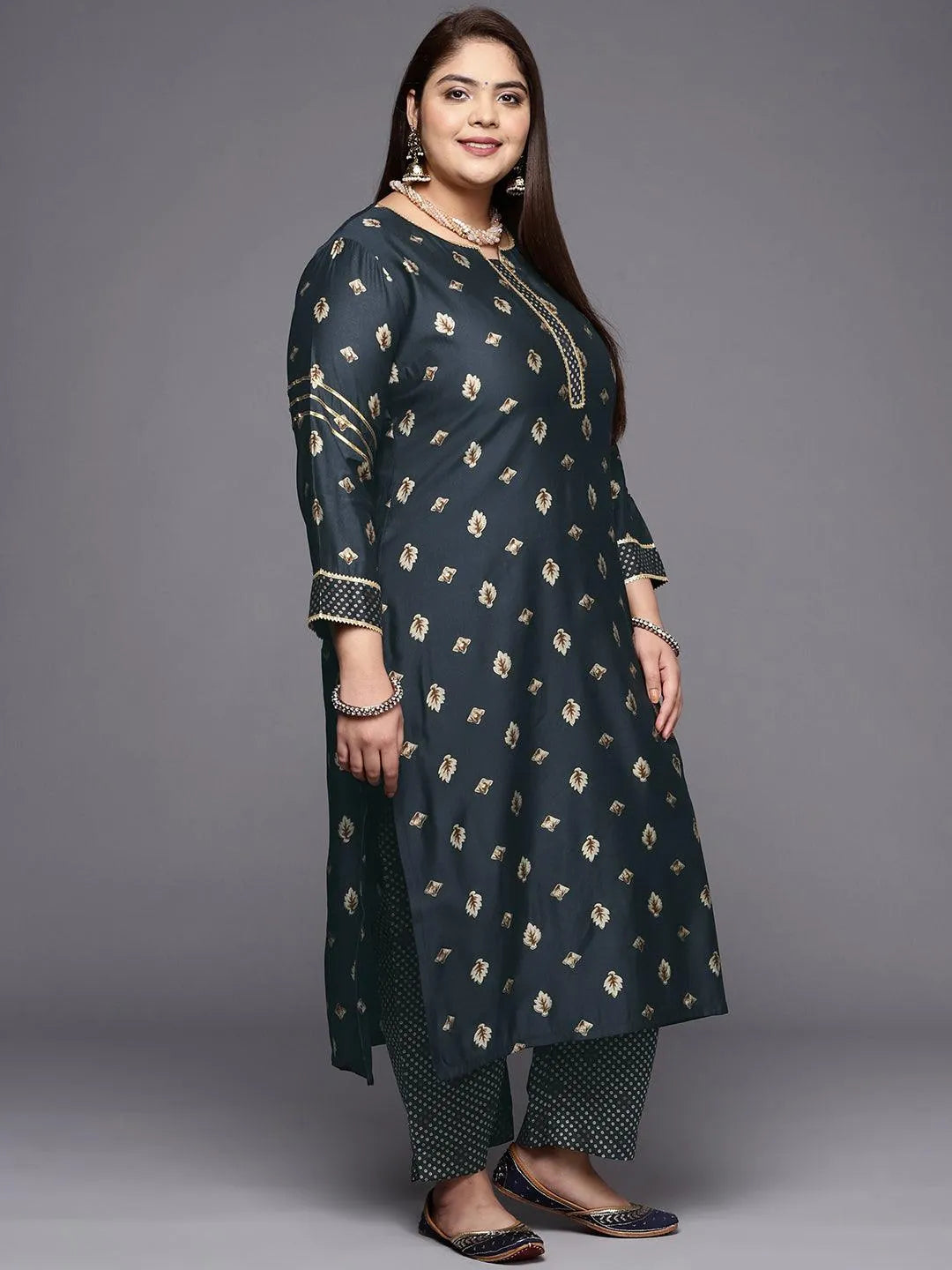 Plus Size Charcoal Printed Silk Blend Straight Suit Set - Libas 