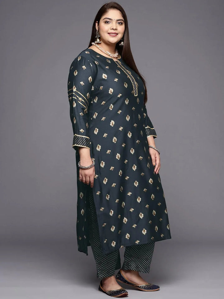 Plus Size Charcoal Printed Silk Blend Straight Suit Set - Libas