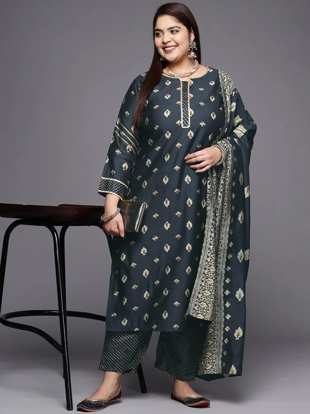 Plus Size Charcoal Printed Silk Blend Straight Suit Set - Libas 