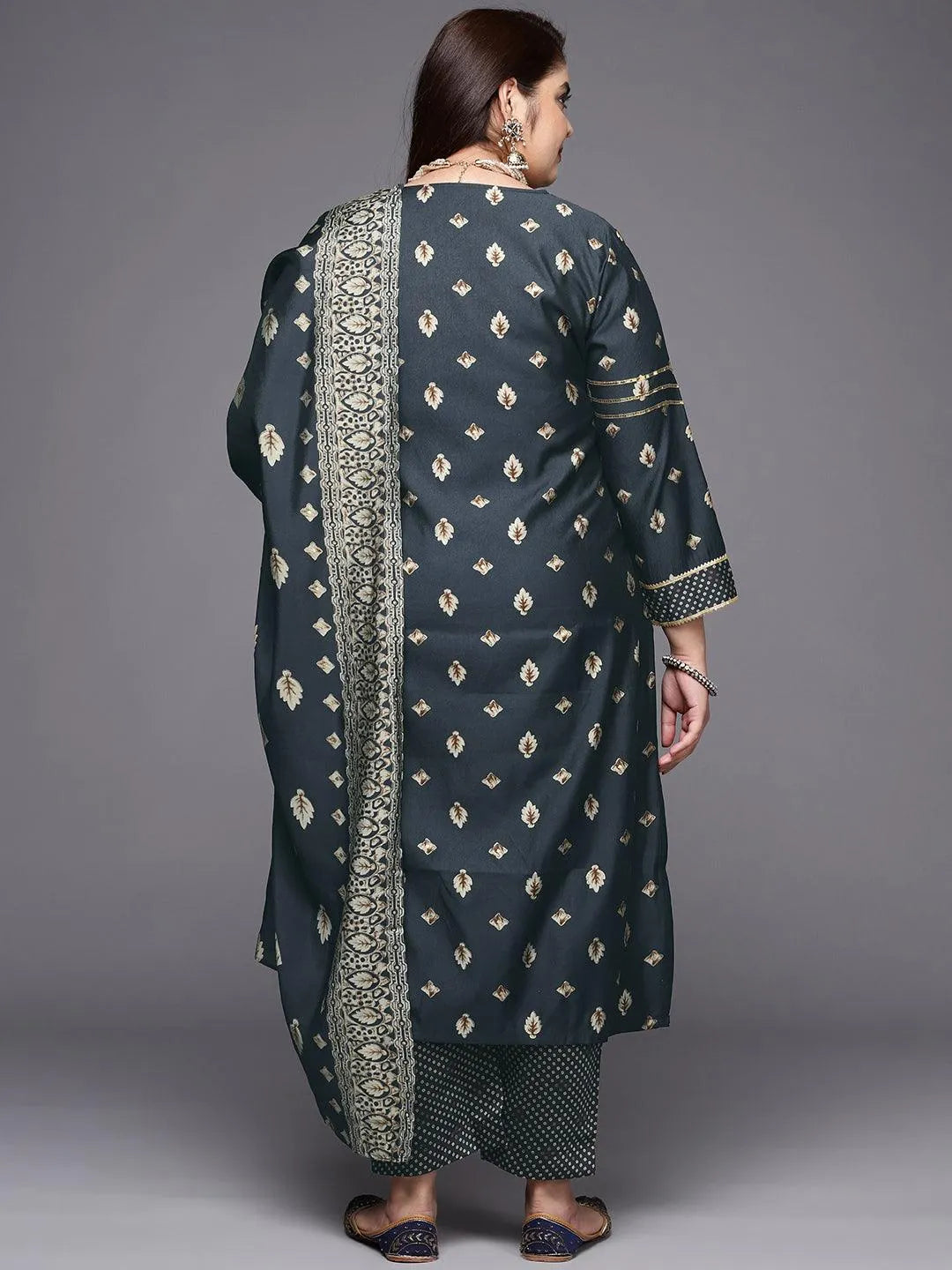 Plus Size Charcoal Printed Silk Blend Straight Suit Set - Libas