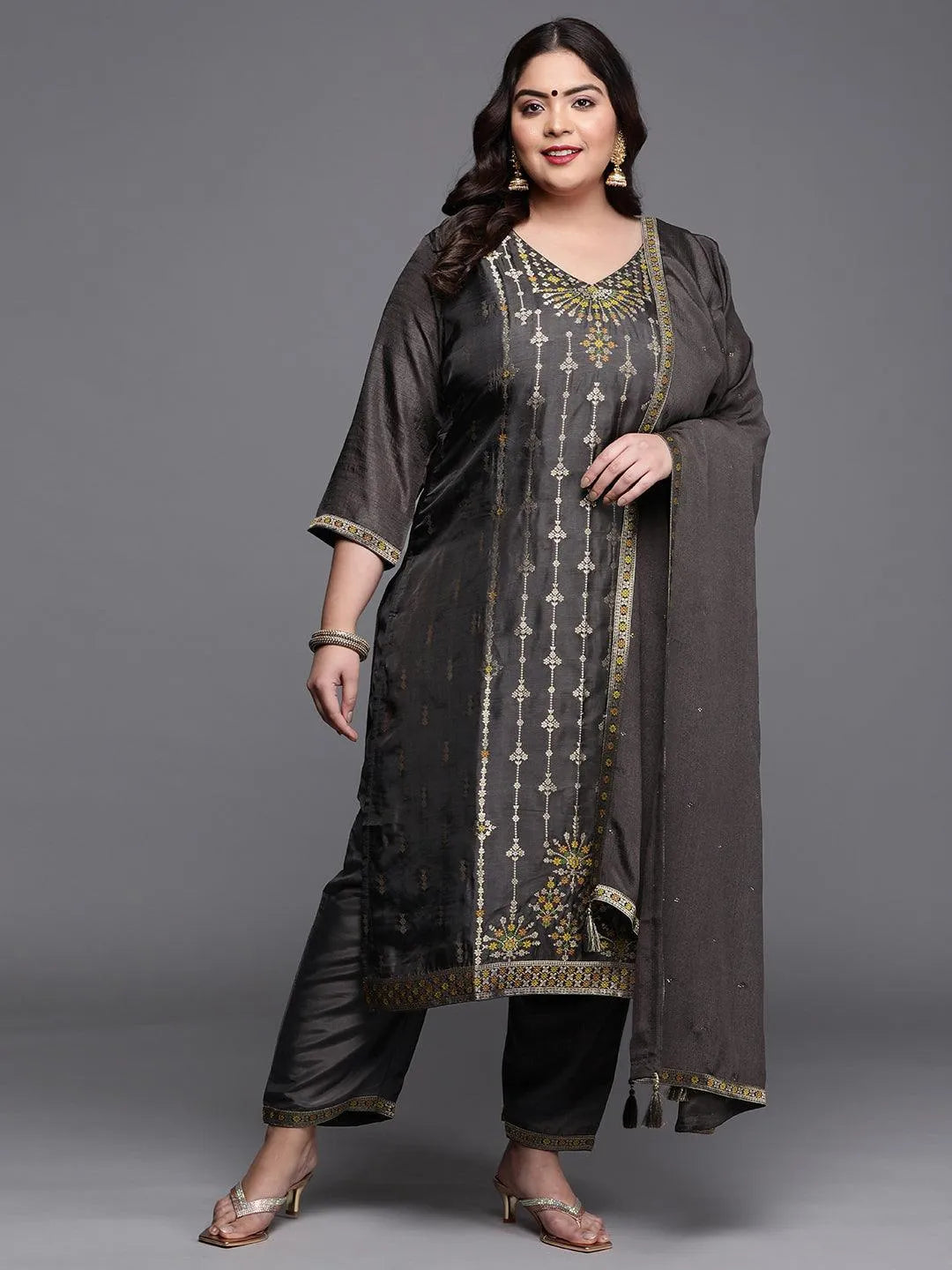 Plus Size Charcoal Self Design Silk Blend Suit Set - Libas 