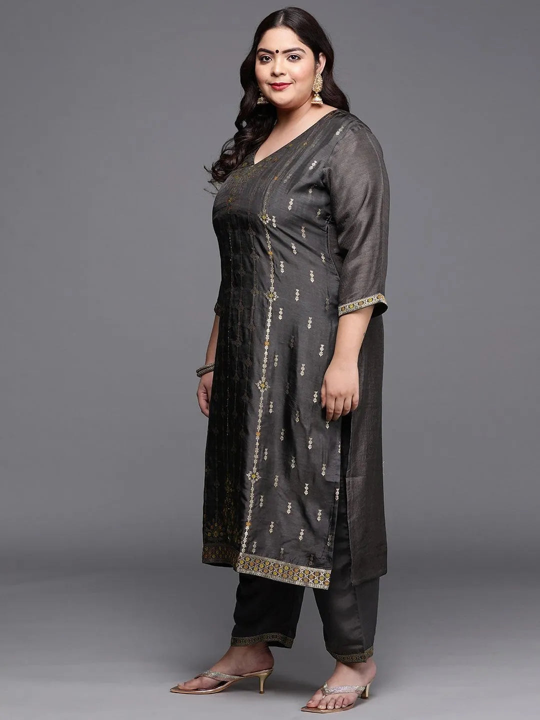 Plus Size Charcoal Self Design Silk Blend Suit Set - Libas 