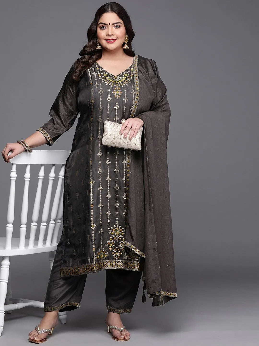 Plus Size Charcoal Self Design Silk Blend Suit Set - Libas 