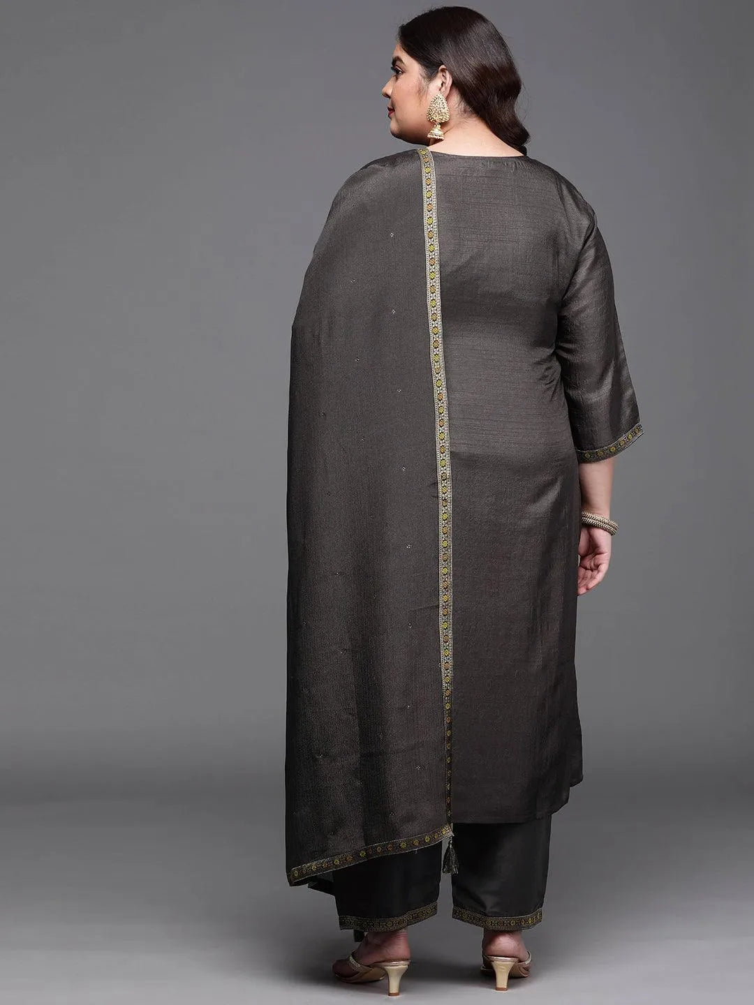 Plus Size Charcoal Self Design Silk Blend Suit Set - Libas 