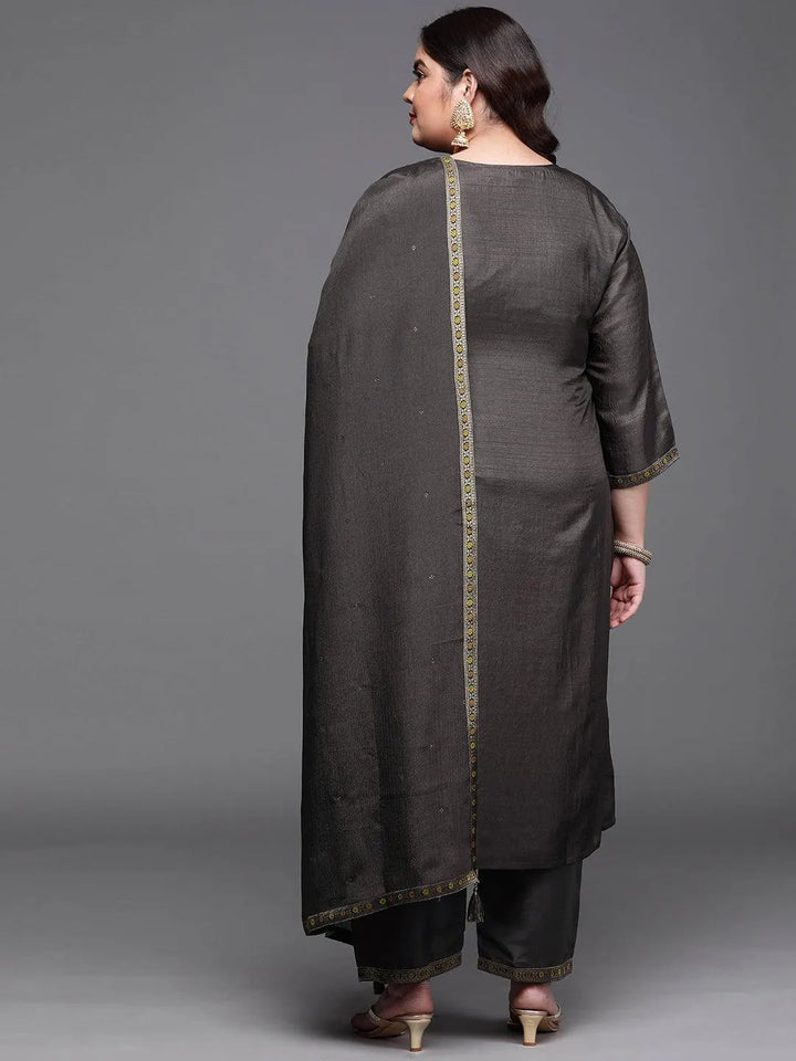 Plus Size Charcoal Self Design Silk Blend Suit Set - Libas