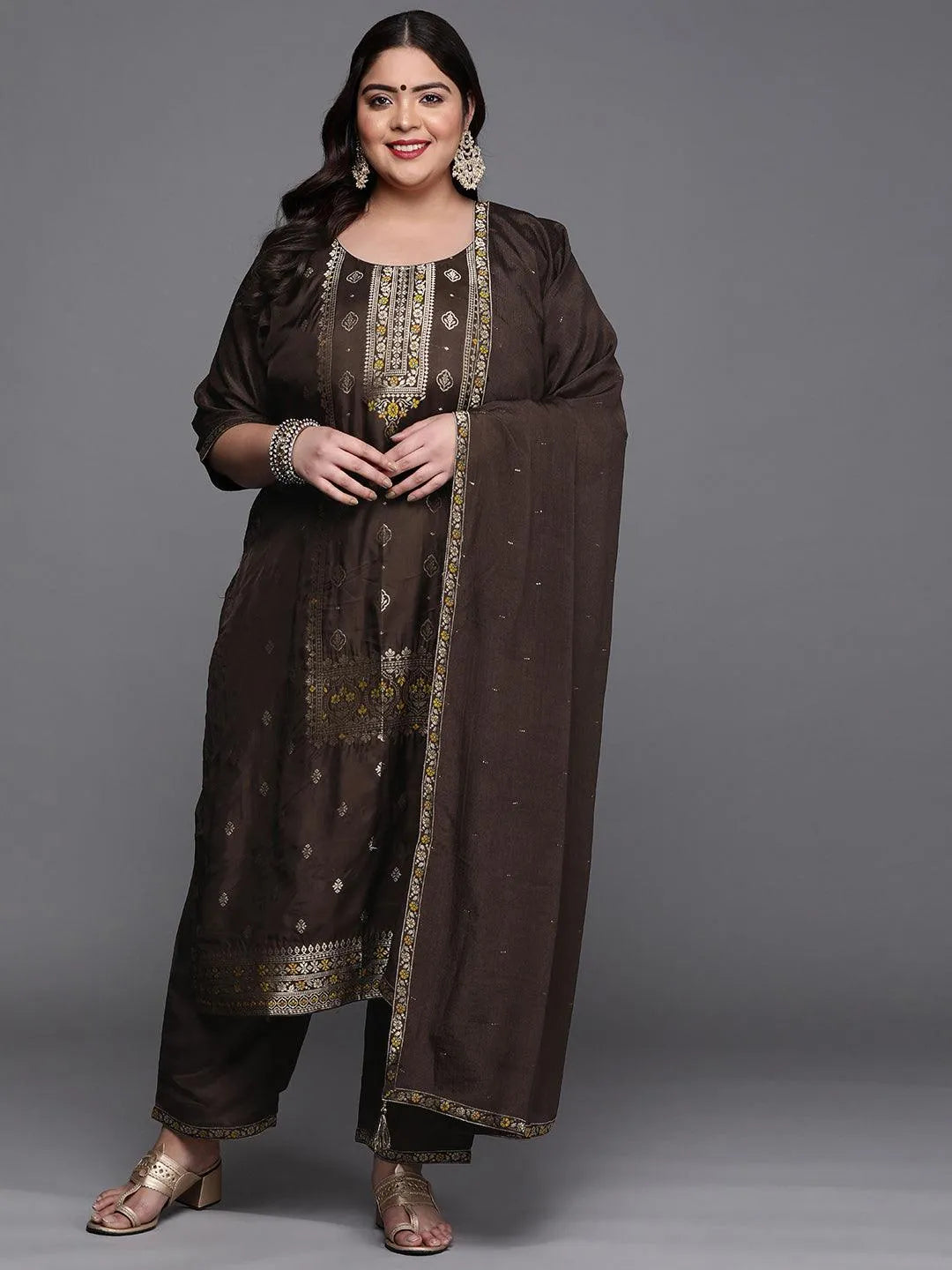 Plus Size Coffee Brown Self Design Silk Blend Suit Set - Libas 