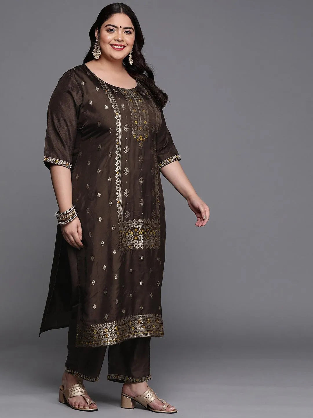 Plus Size Coffee Brown Self Design Silk Blend Suit Set - Libas 