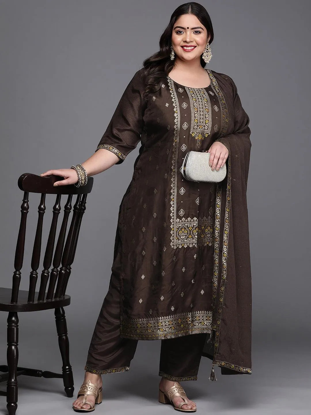 Plus Size Coffee Brown Self Design Silk Blend Suit Set - Libas 