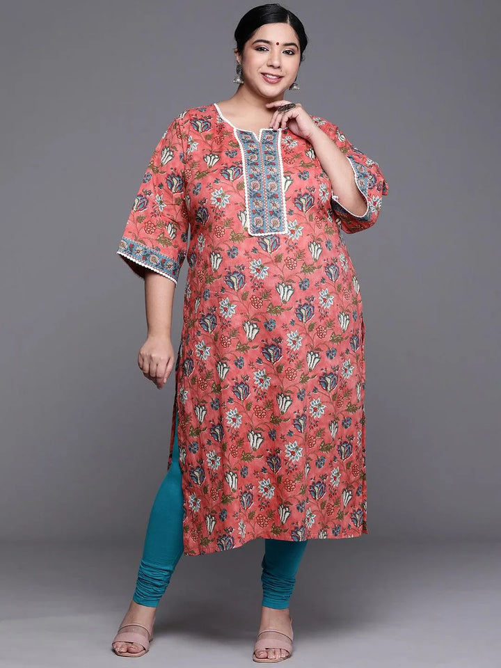 Plus Size Coral Printed Cotton Kurta - Libas