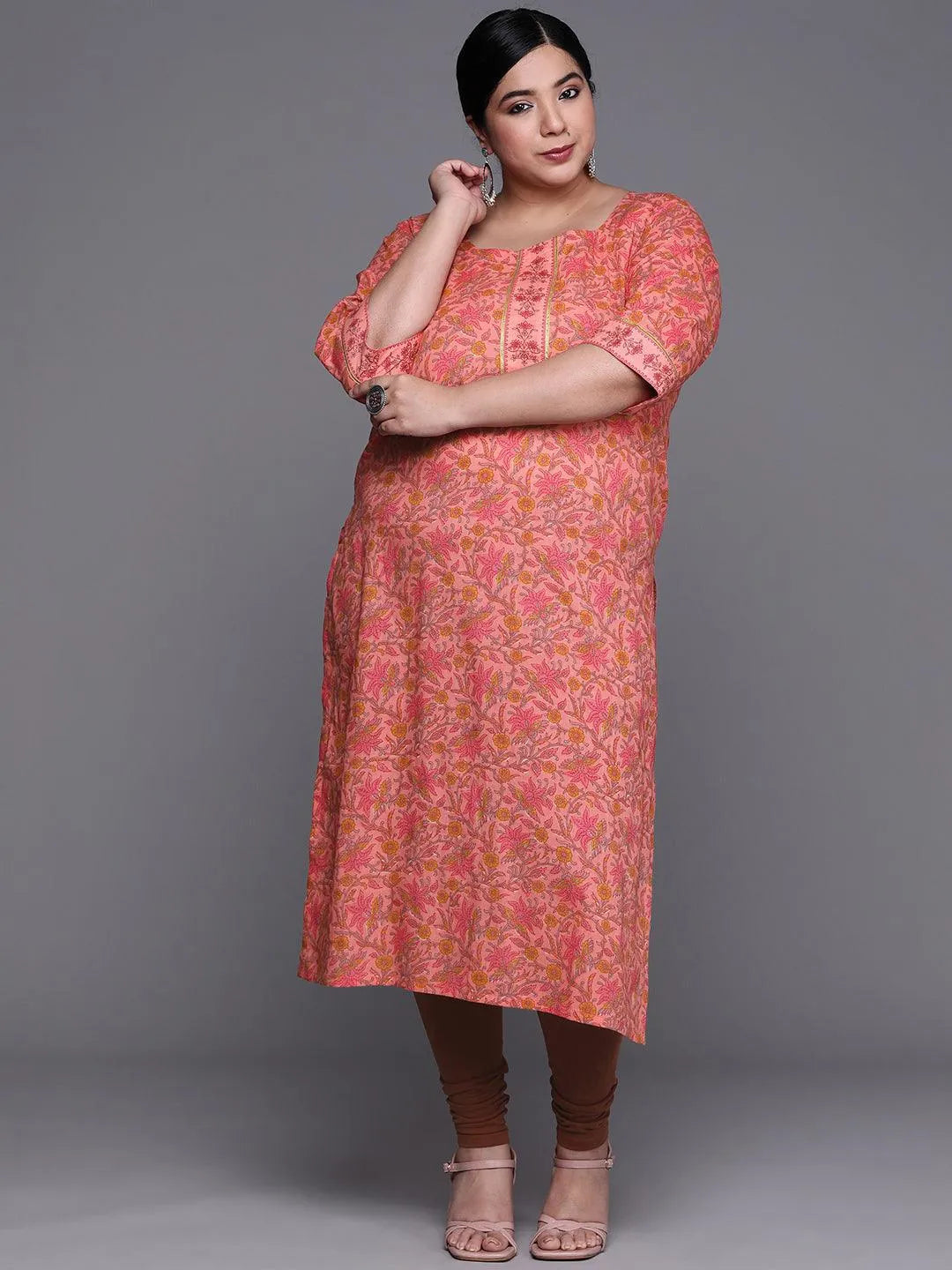 Plus Size Coral Printed Cotton Kurta - Libas