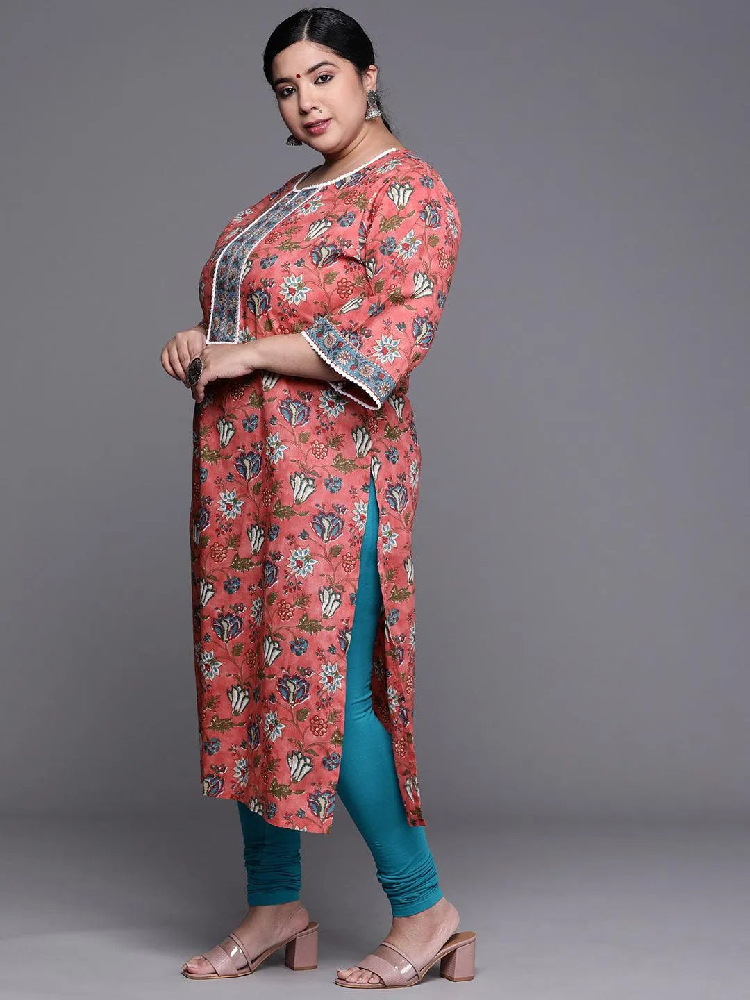 Plus Size Coral Printed Cotton Kurta - Libas