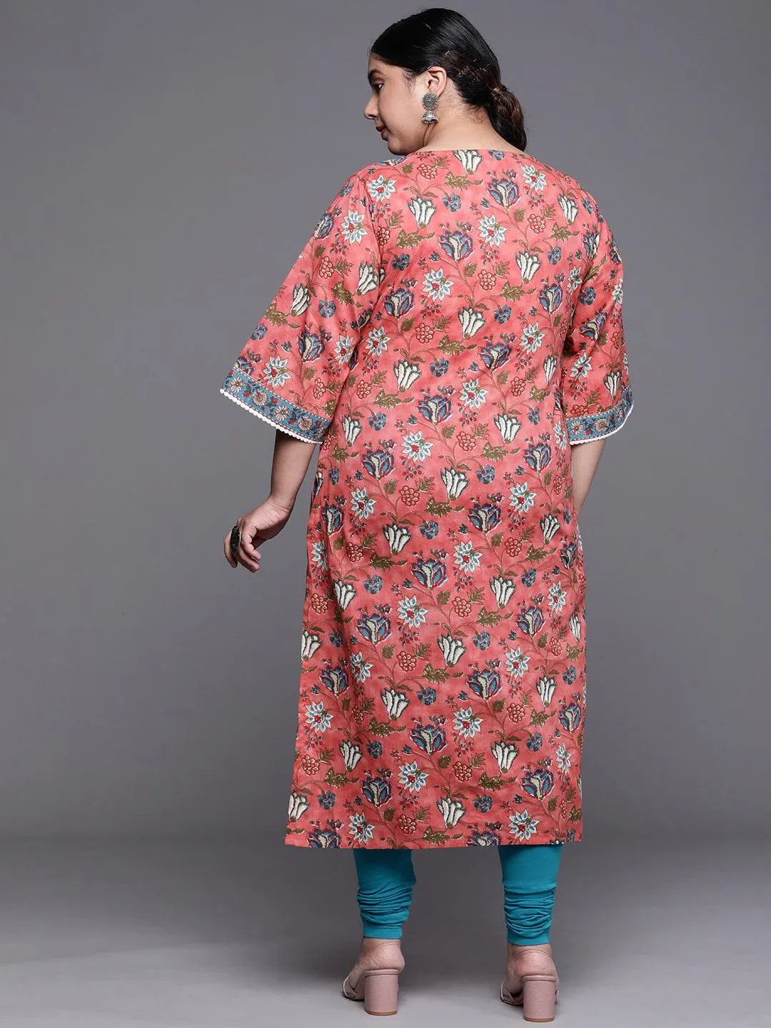 Plus Size Coral Printed Cotton Kurta - Libas 