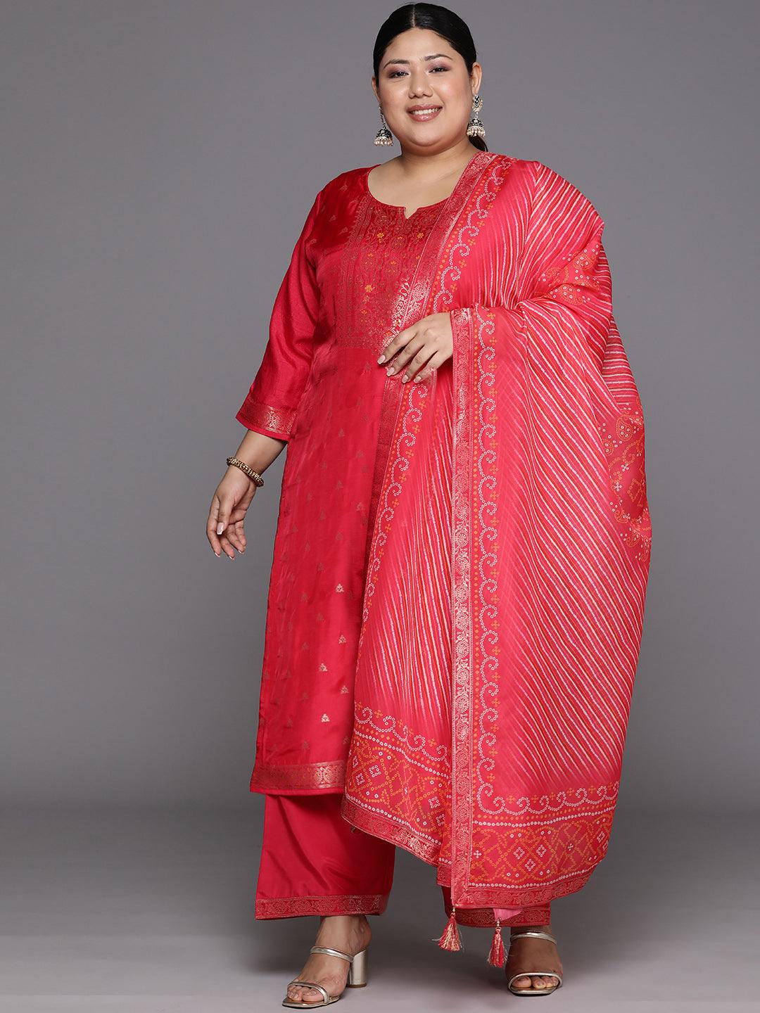 Plus Size Coral Woven Design Silk Blend Straight Suit Set - Libas