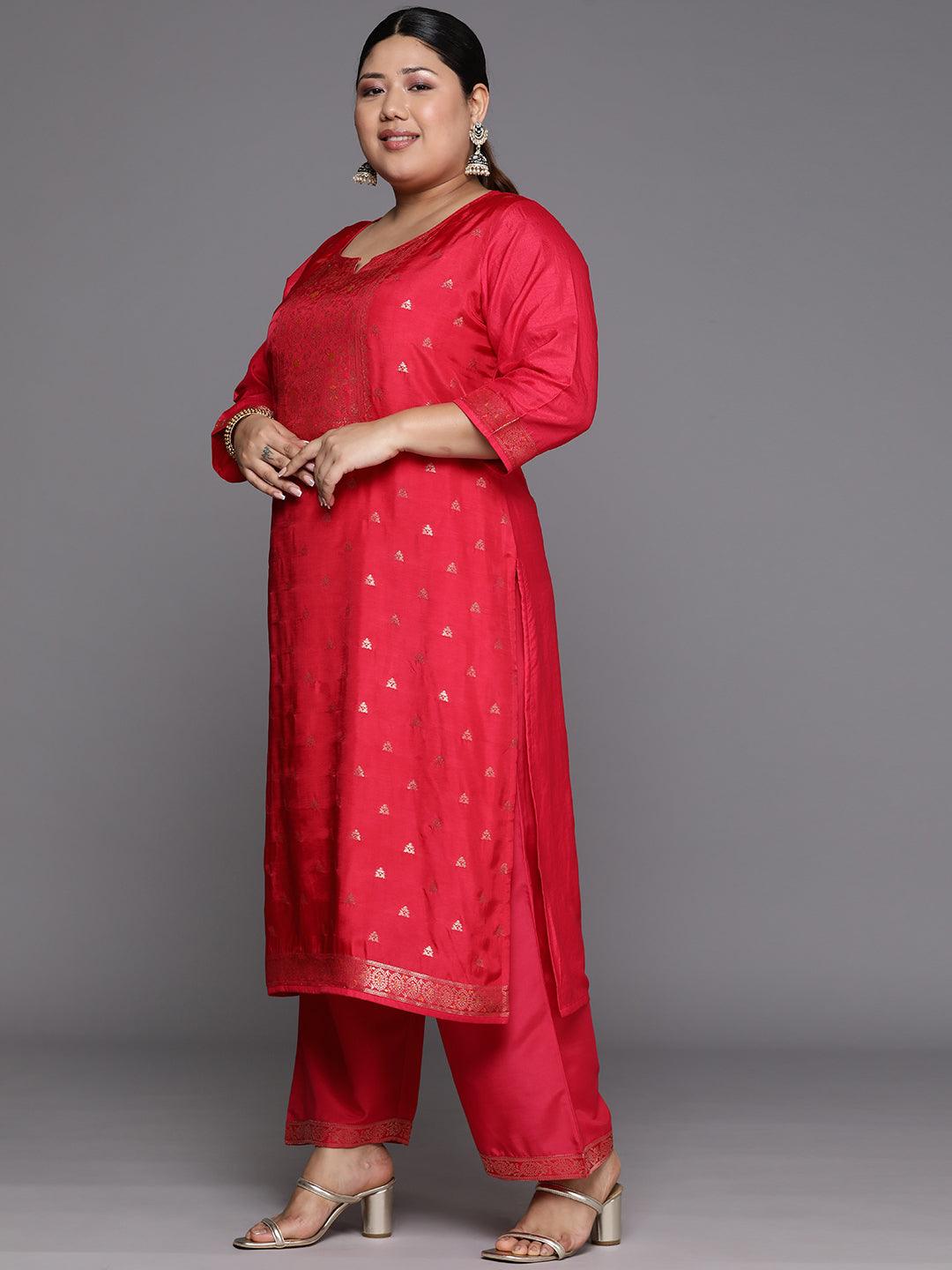 Plus Size Coral Woven Design Silk Blend Straight Suit Set - Libas